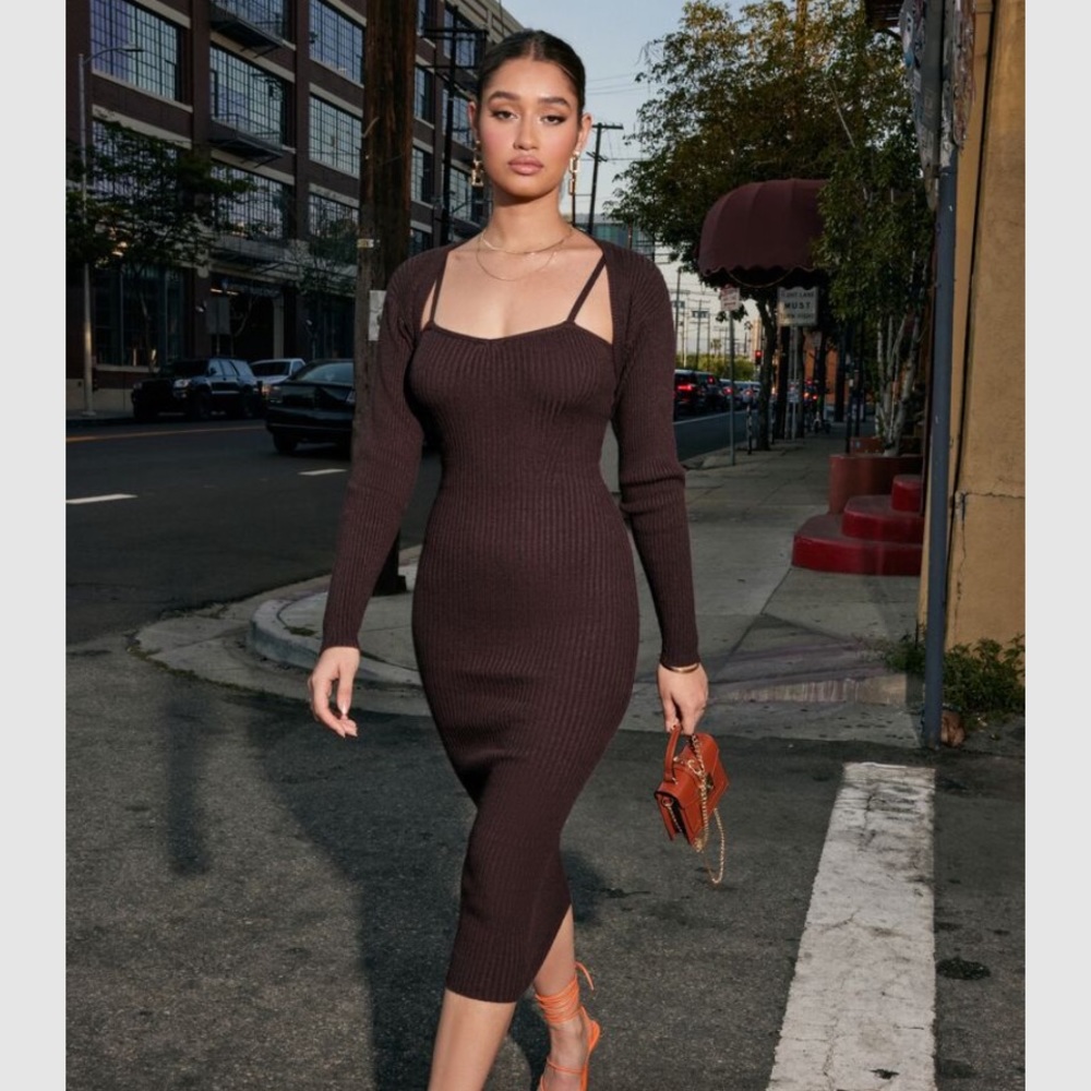 🌴Forever 21 Brown Ribbed Midi Dress. 2 Piece Set With Cropped Sweater